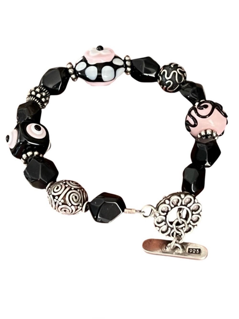 925 Sterling Silver Lampwork Glass Beaded Bracelet Black Pink White Flower